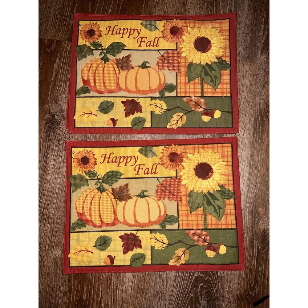 Fall pattern fabric table place mat. Set of 4 Pumpkins, Sunflowers, Acorns, Leaf